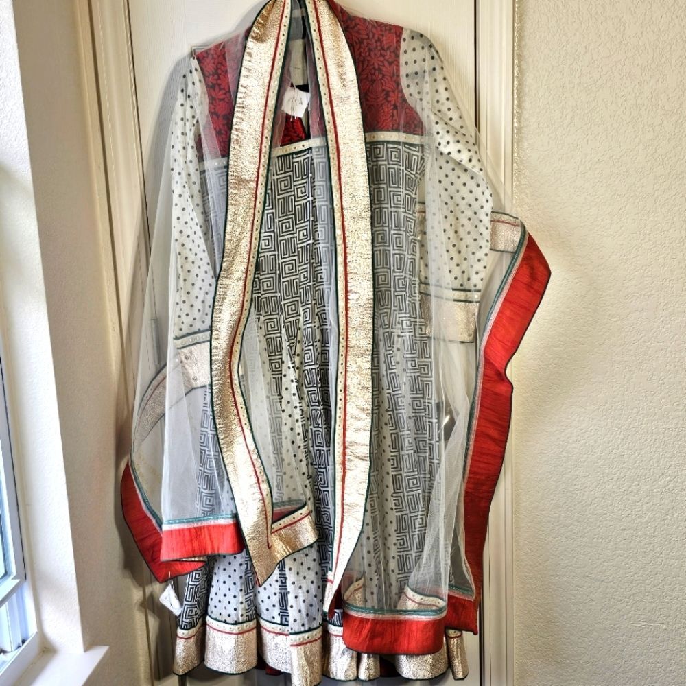 Ornate Handmade Dress & Shawl Set with Intricate Details, Size S